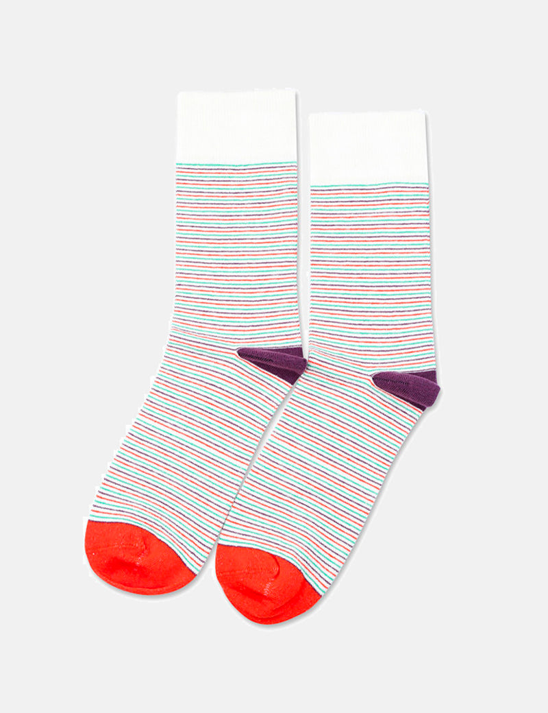 Democratique Ultralight Stripe Socks - Off White/Blood Orange/Greenday/Heavy Plum