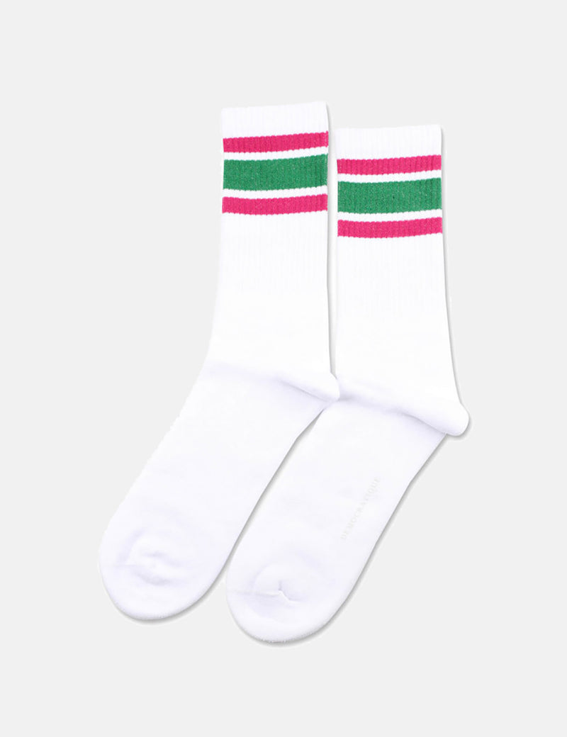 Democratique Athletic Stripe Socken - Weiß/Tennisgrün/Purpurrosa