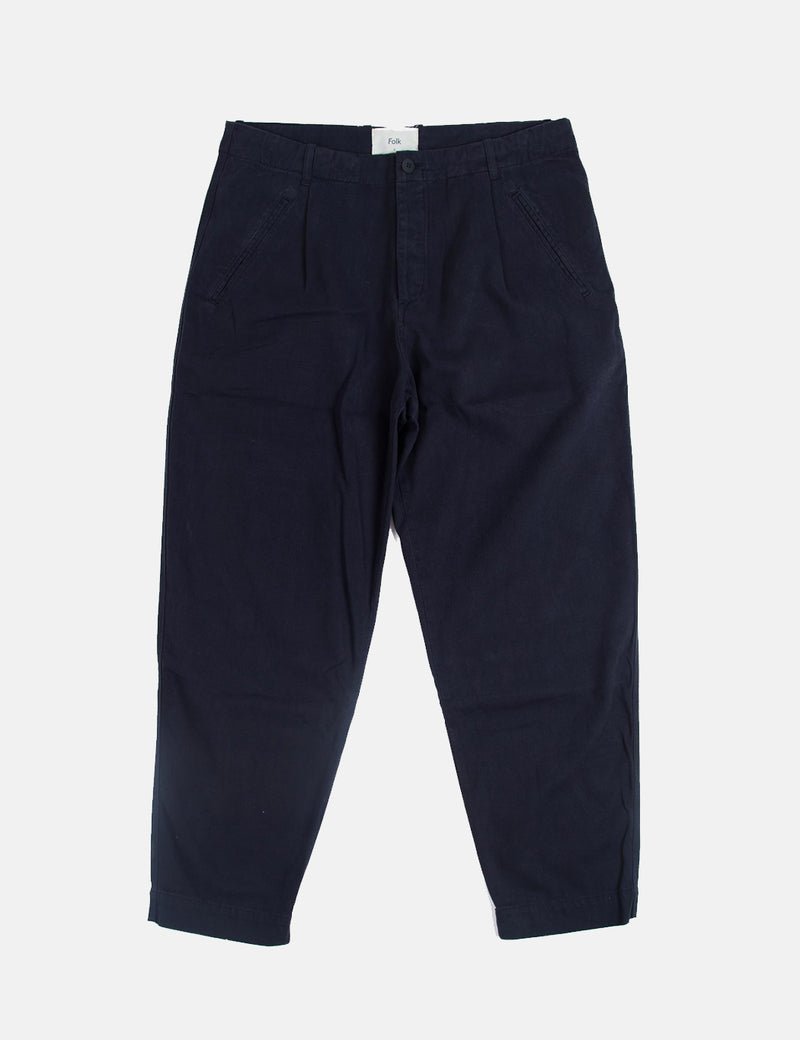 Folk The Assembly Pleated Trousers (Loose Fit Cropped) - Navy Blue Brushed