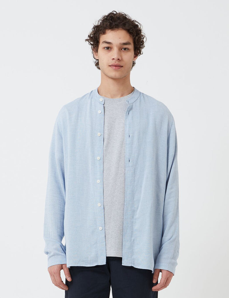 Folk Half Placket Grandad Shirt - Blue Slub