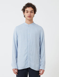 Folk Half Placket Grandad Shirt - Blue Slub