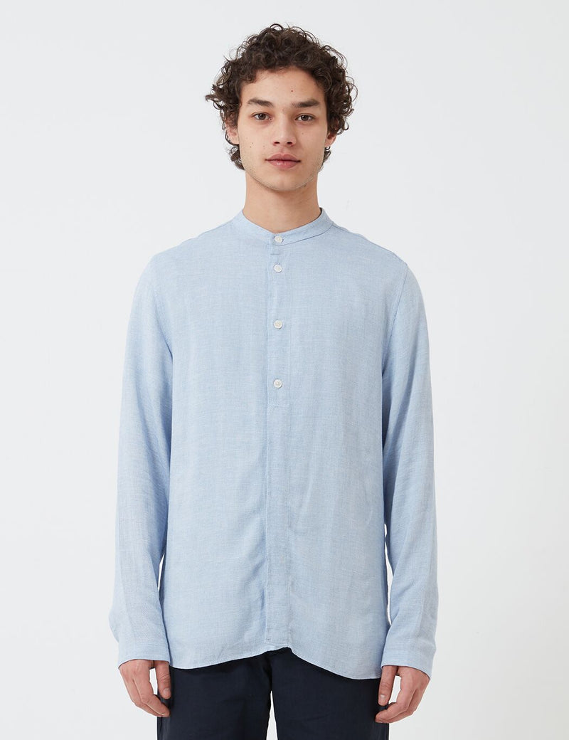 Folk Half Placket Grandad Shirt - Blue Slub
