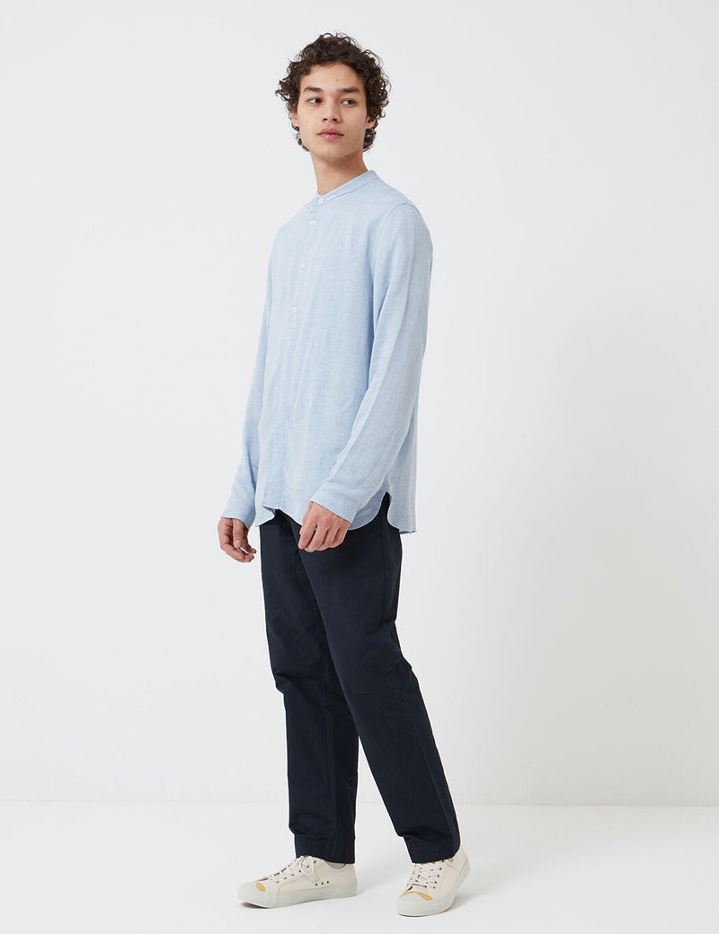 Folk Half Placket Grandad Shirt - Blue Slub
