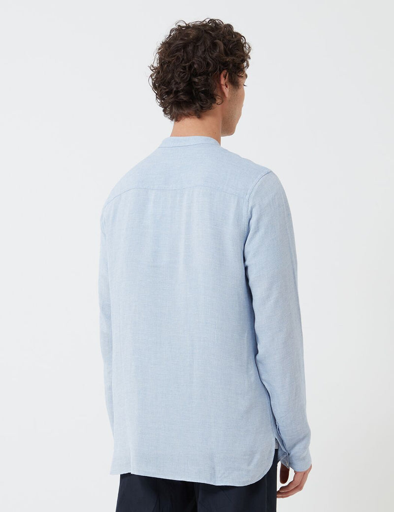 Folk Half Placket Grandad Shirt - Blue Slub