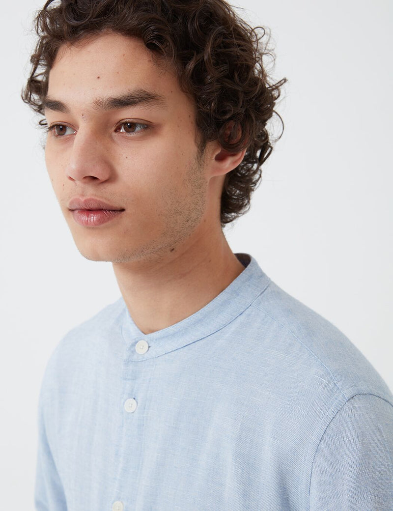 Folk Half Placket Grandad Shirt - Blue Slub