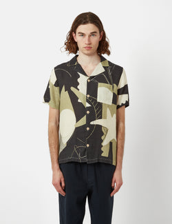 Folk Gabe Soft Collar Short Sleeve Shirt (Void Print) - Black/Olive Green