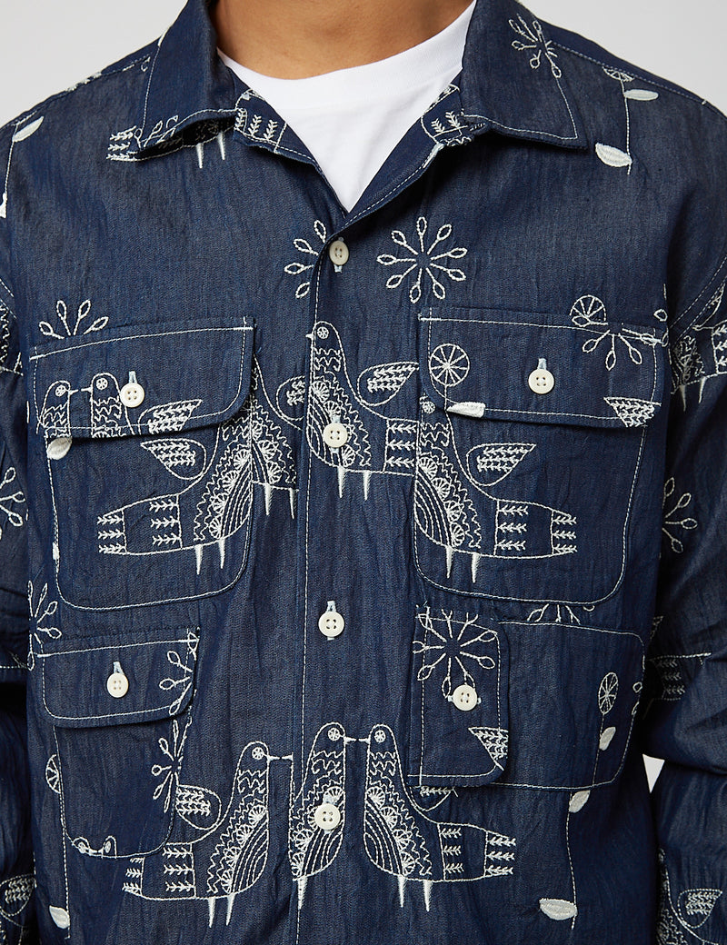 Engineered Garments Bowling Shirt (Denim) - Indigo Blue Bird Embroidery