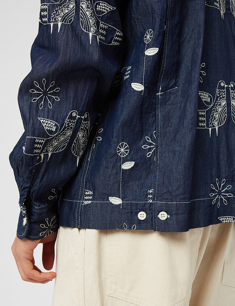 Engineered Garments Bowling Shirt (Denim) - Indigo Blue Bird Embroidery