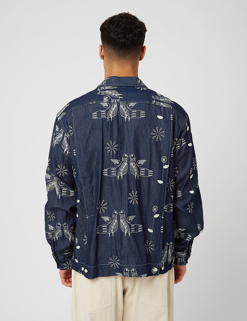 Engineered Garmentsボーリングシャツ（デニム）-インディゴブルーバード刺繡
