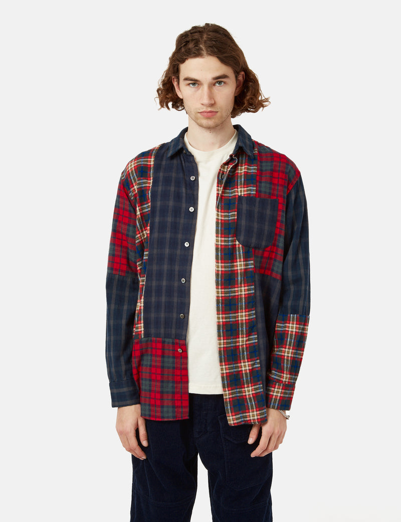 Engineered Garments Short Collar Plaid Shirt (Flannel) - Navy Blue/Grey
