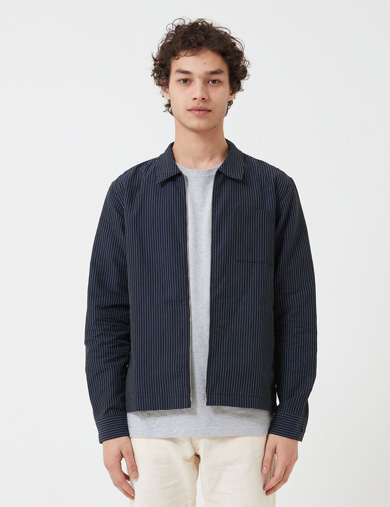 YMC Bowie Zip Shirt (Mini Stripe) - Navy Blue