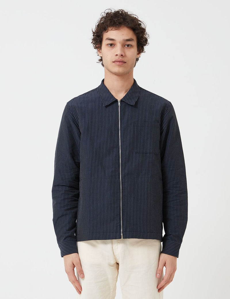 YMC Bowie Zip Shirt (Mini Stripe) - Navy Blue