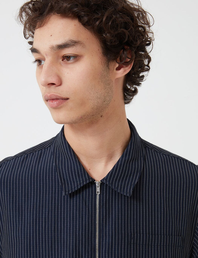 YMC Bowie Zip Shirt (Mini Stripe) - Navy Blue