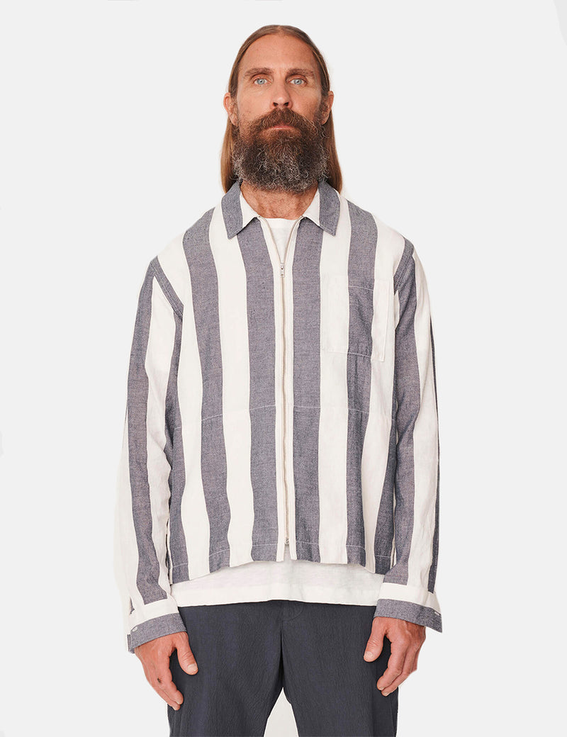 YMC Bowie Zip Shirt (Striped) - Navy Blue/Ecru
