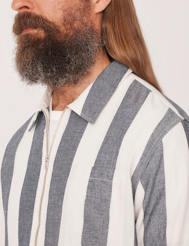 YMC Bowie Zip Shirt (Striped) - Navy Blue/Ecru