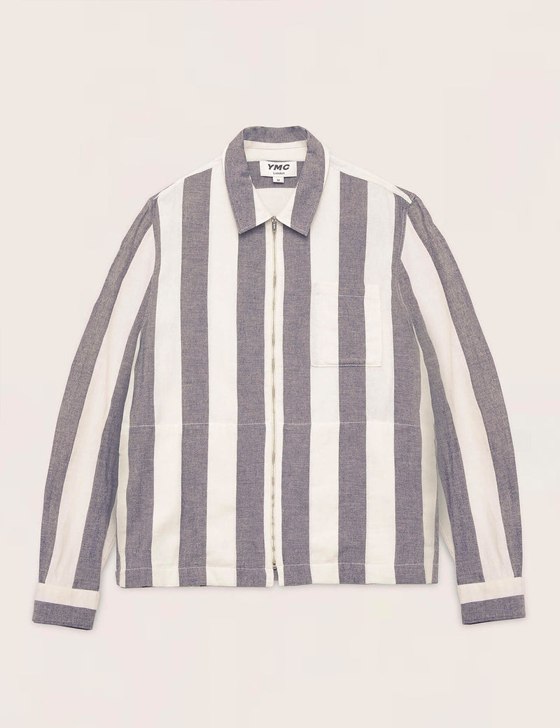 YMC Bowie Zip Shirt (Striped) - Navy Blue/Ecru