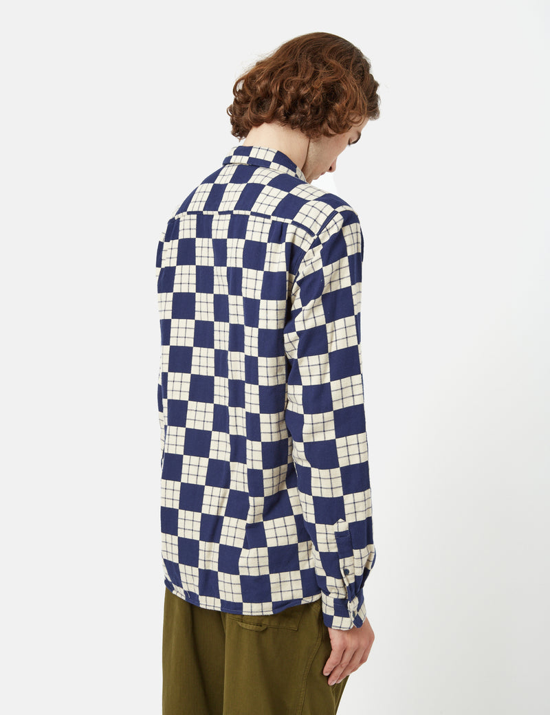 YMC Curtis Shirt (Flannel Checkerboard) - Navy Blue/Ecru