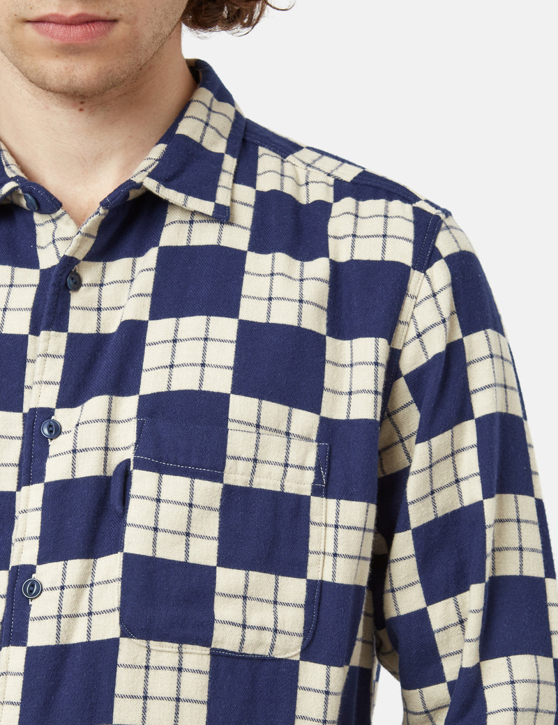 YMC Curtis Shirt (Flannel Checkerboard) - Navy Blue/Ecru