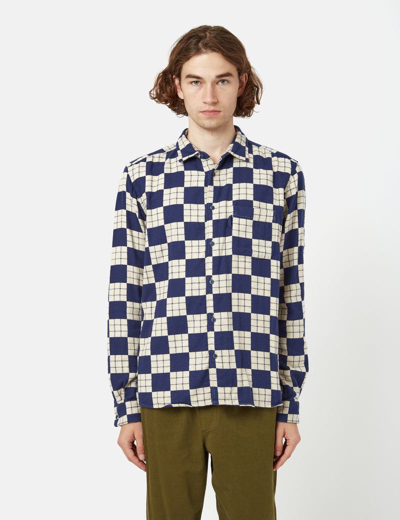 YMC Curtis Shirt (Flannel Checkerboard) - Navy Blue/Ecru