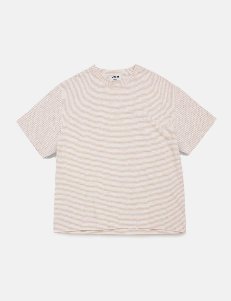 YMC Triple T-Shirt (Mini Stripe) - Ecru/Pink