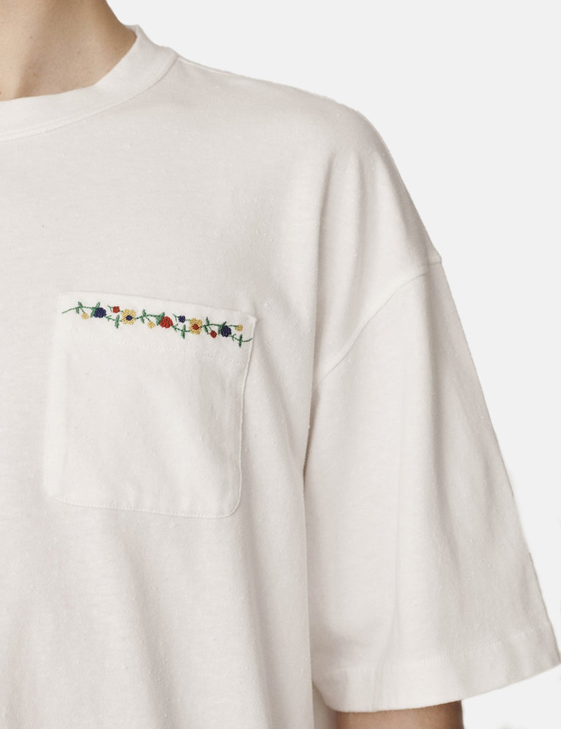 YMC Triple Pocket T-Shirt (Floral Embroidery) - Ecru
