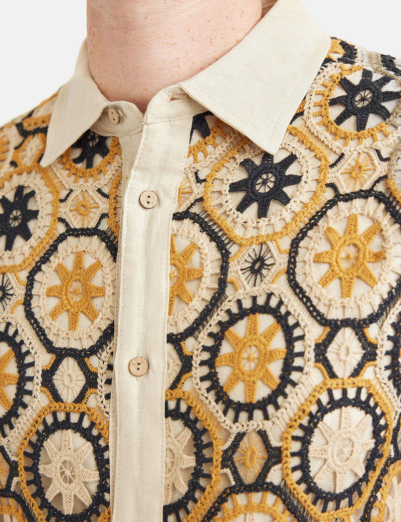 Percival Crochet Short Sleeve Shirt - Tan/Black