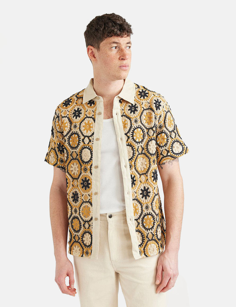 Percival Crochet Short Sleeve Shirt - Tan/Black