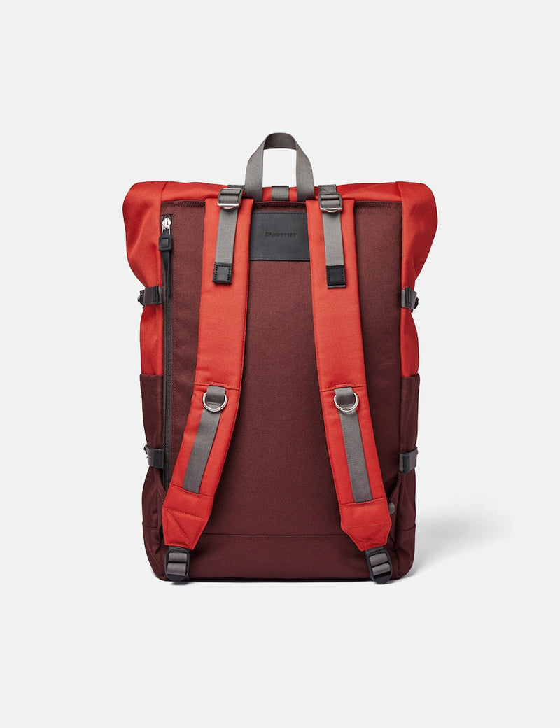 Sandqvist Bernt Rolltop Backpack - (Recycled Poly) - Moss Red/Black Leather