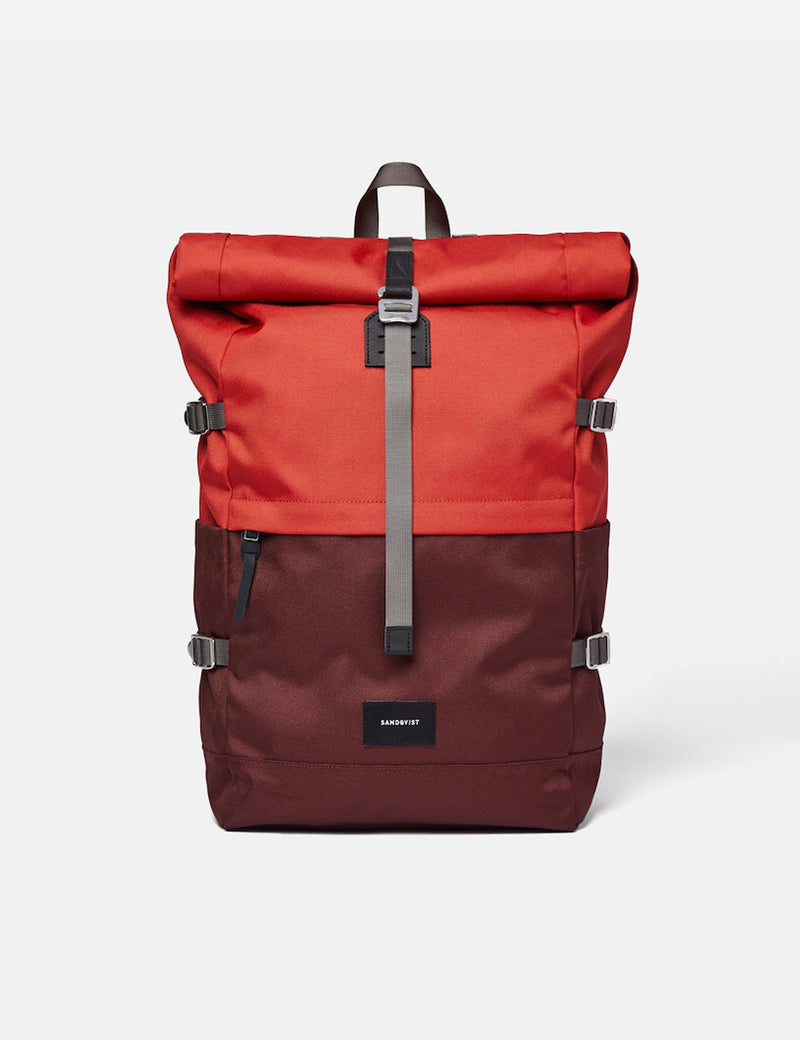 Sandqvist Bernt Rolltop Backpack - (Recycled Poly) - Moss Red/Black Leather