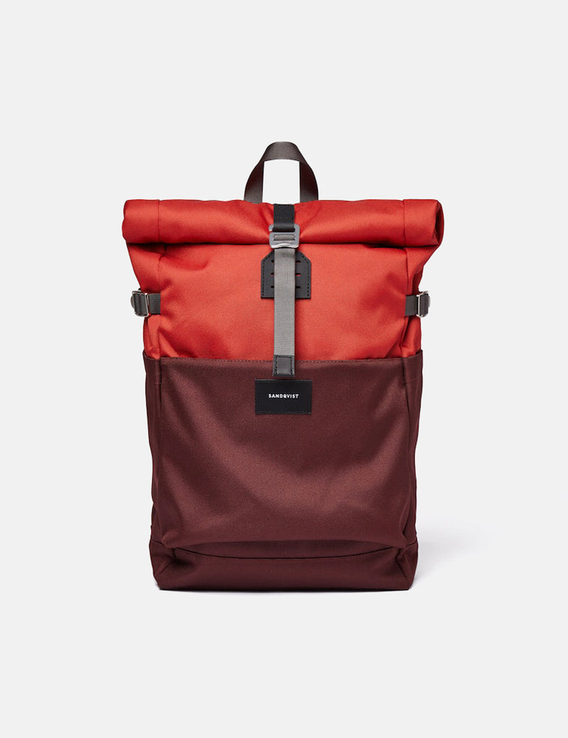 Sandqvist Ilon Rolltop Backpack (Recycled Poly) - Moss Red/Black Leather