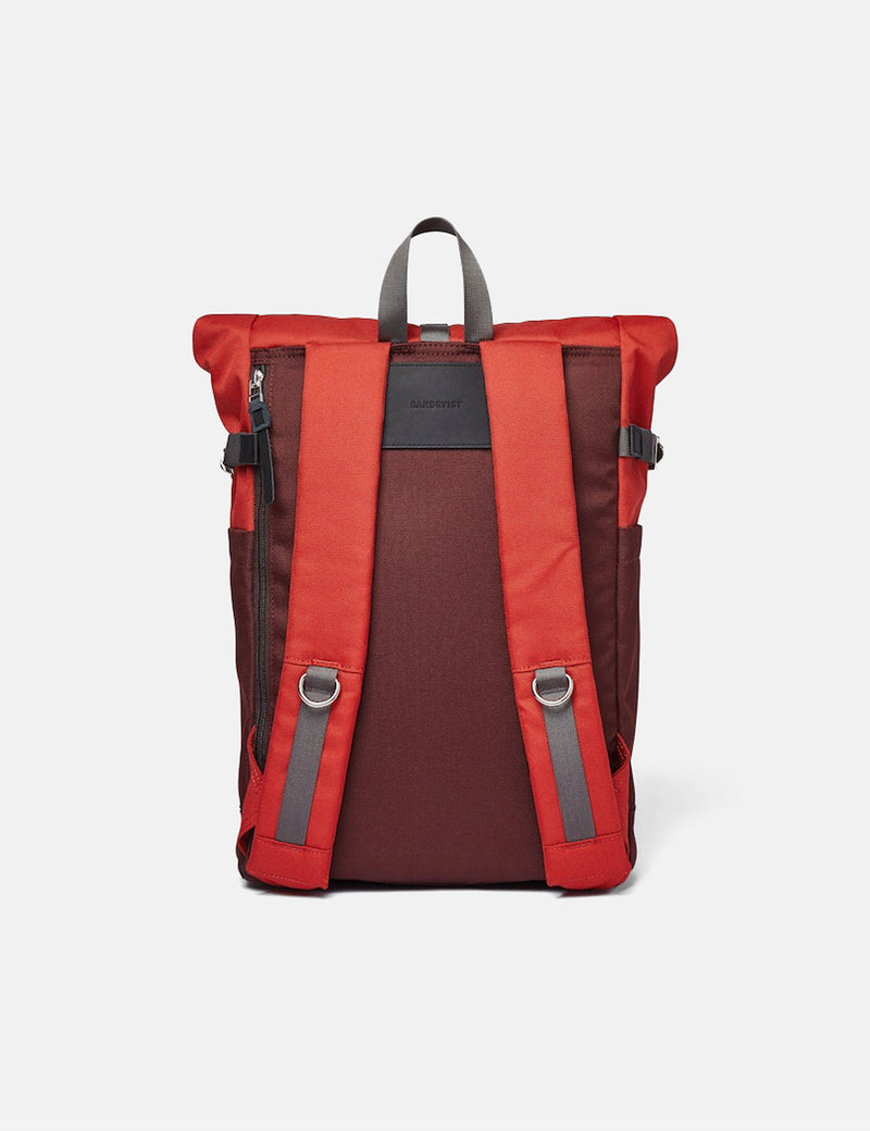 Sandqvist Ilon Rolltop Backpack (Recycled Poly) - Moss Red/Black Leather