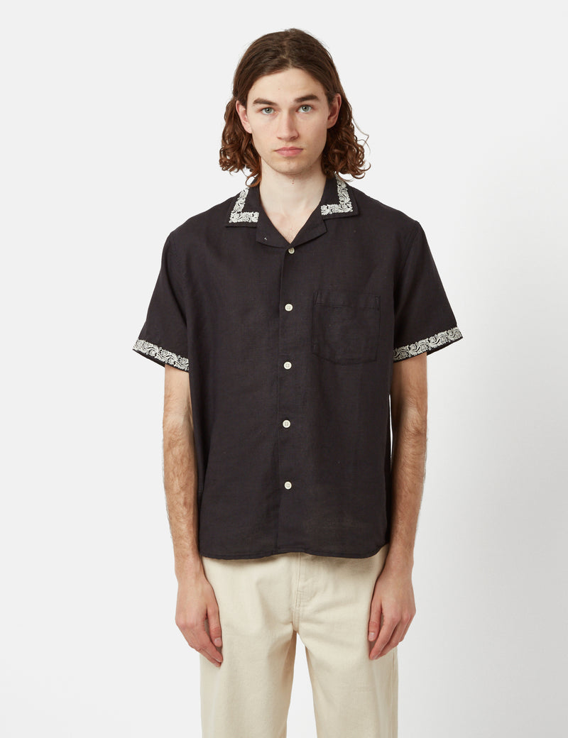 Corridor Hamsa Floral Short Sleeve Linen Shirt - Black