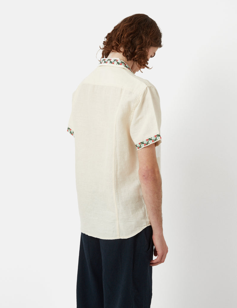 Corridor Hamsa Floral Short Sleeve Linen Shirt - Natural
