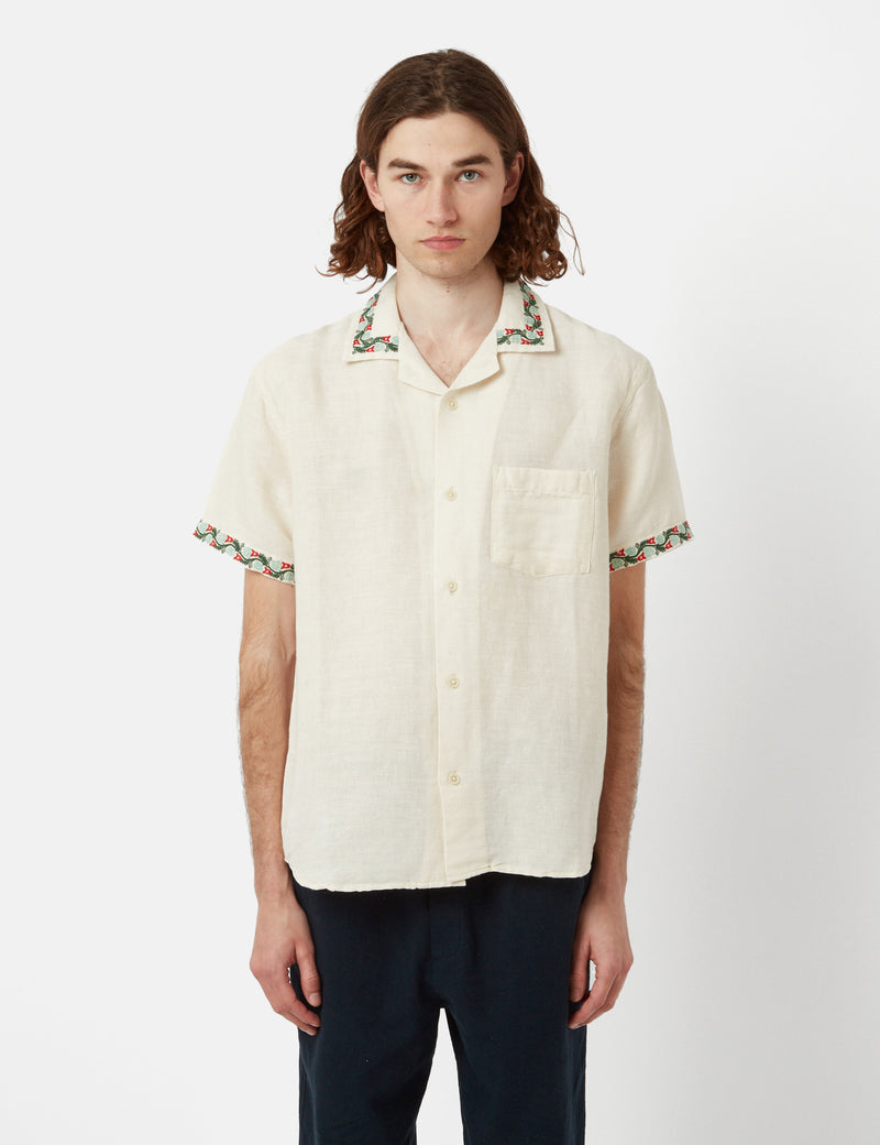 Corridor Hamsa Floral Short Sleeve Linen Shirt - Natural