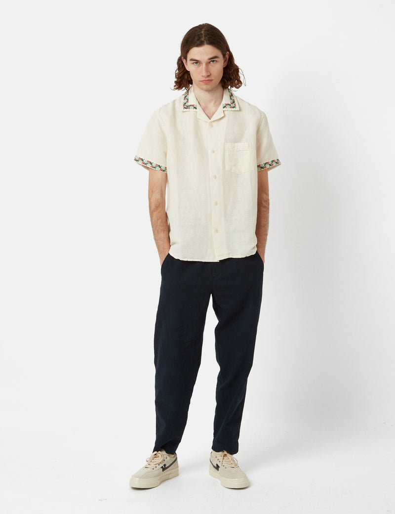 Corridor Hamsa Floral Short Sleeve Linen Shirt - Natural