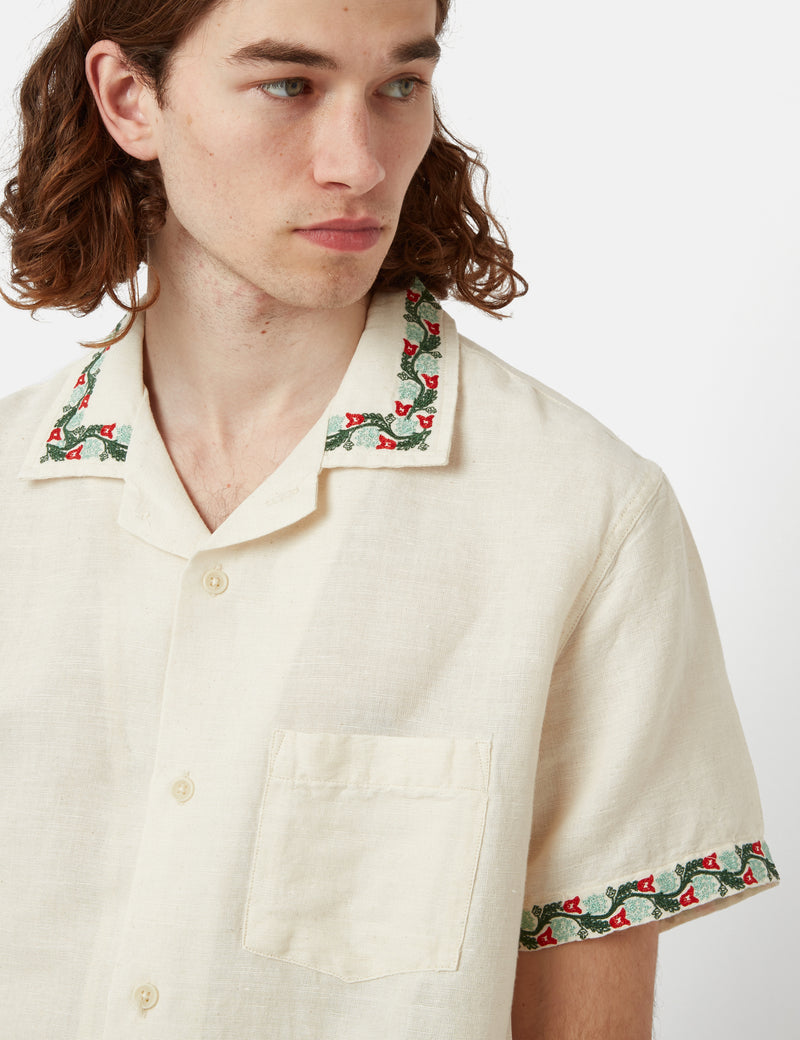 Corridor Hamsa Floral Short Sleeve Linen Shirt - Natural