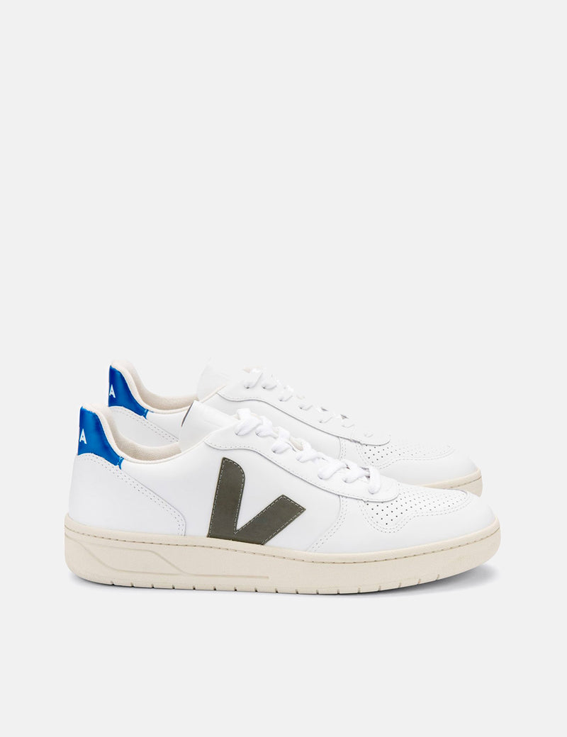 Womens Veja V-10 Leather Trainers - White/Kaki/Indigo