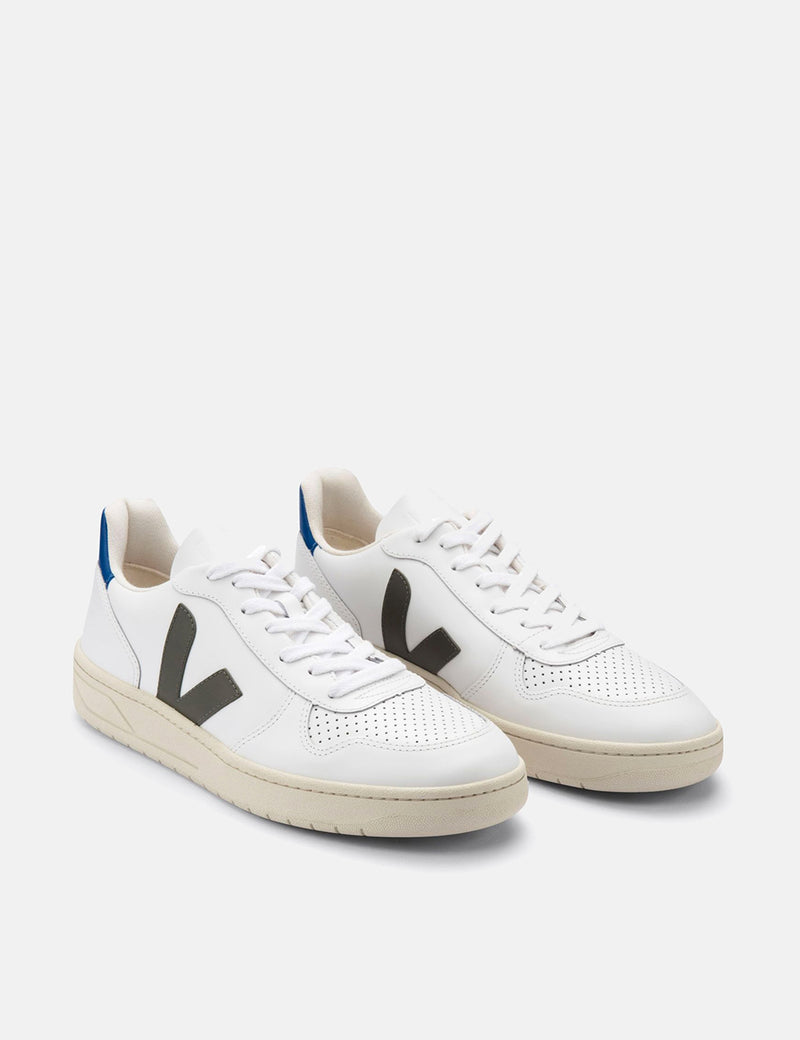 Womens Veja V-10 Leather Trainers - White/Kaki/Indigo