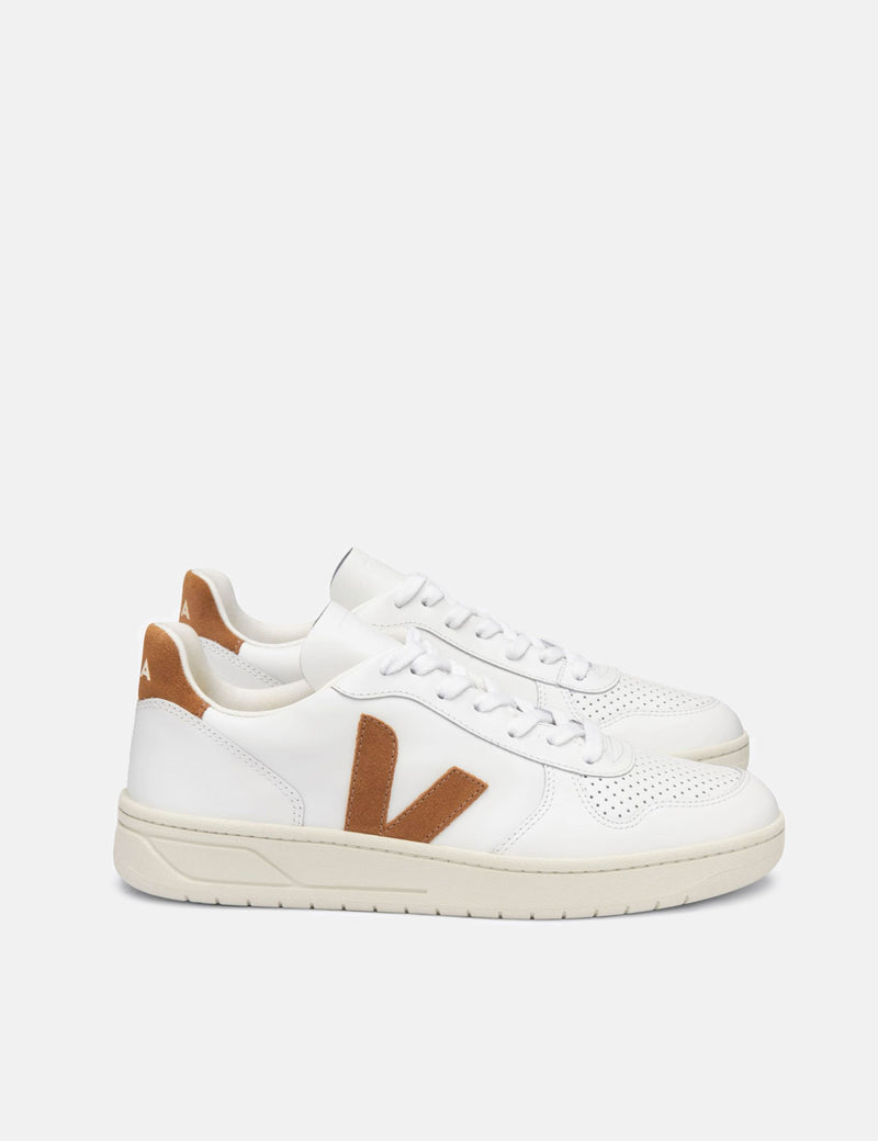 Womens Veja V-10 Leather Trainers - Extra White/Camel