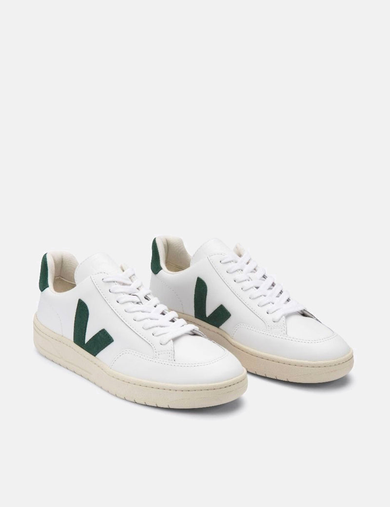 Womens Veja V-12 Leather Trainers - Extra White/Cypress